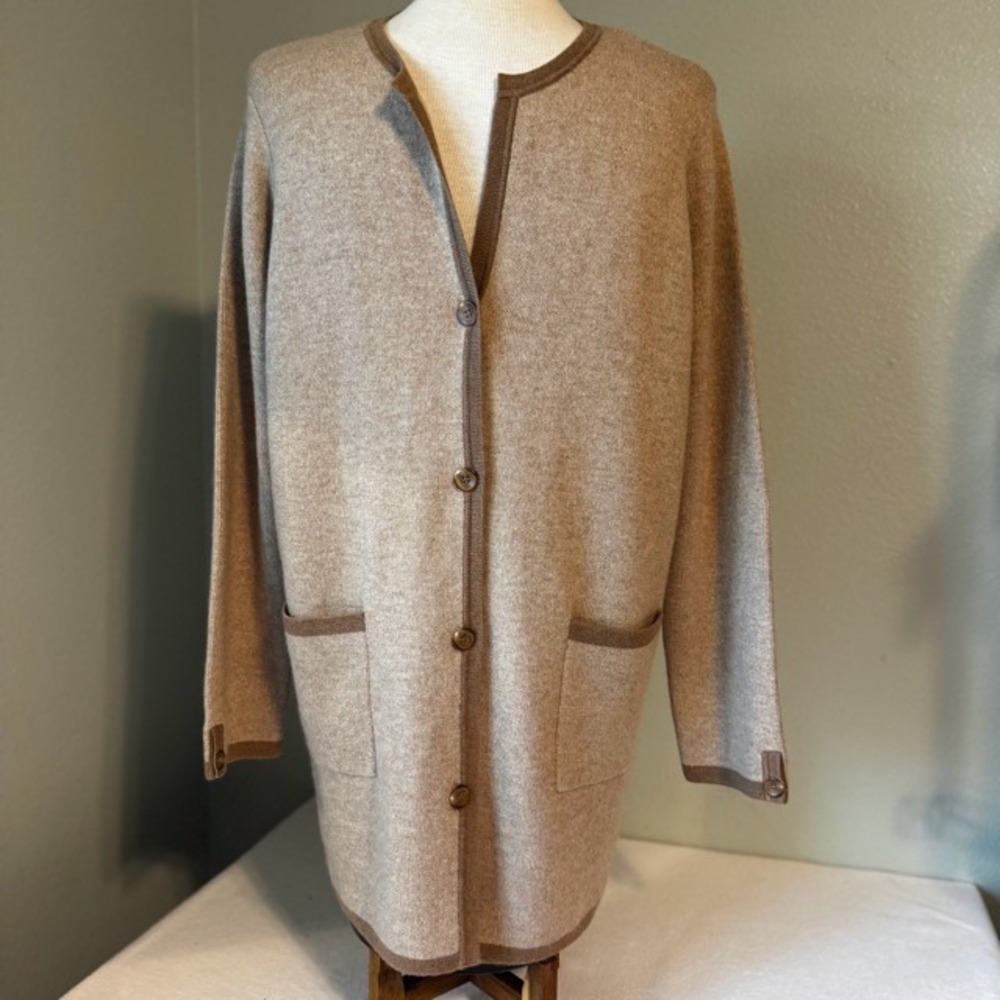 J McLaughlin Nan Wool Cashmere long Cardigan Sweater Women XL Tan Brown pockets